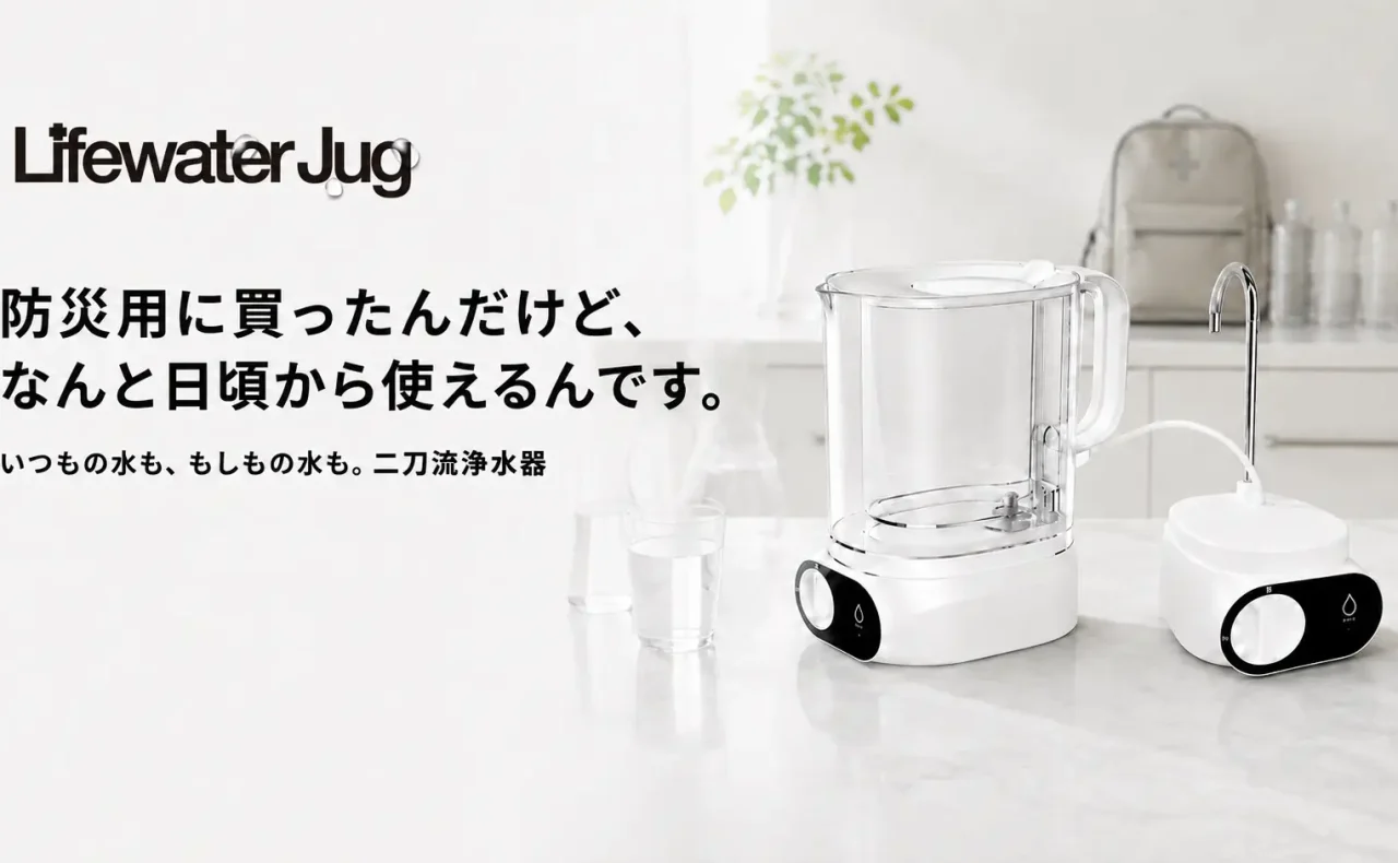 防災用として備えながら、毎日の飲み水や料理にも使える 二刀流浄水器「Lifewater Jug」のレンタルを本格開始しました。
